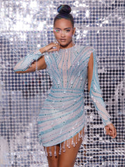 Crew Long Sleeve Embellished Mini Dress In Light Nude & Teal