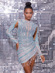 Crew Long Sleeve Embellished Mini Dress In Light Nude & Teal