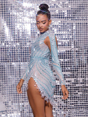 Crew Long Sleeve Embellished Mini Dress In Light Nude & Teal