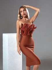 Darby Strapless Feather Bandage Dress In Brown