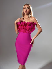 Darby Strapless Feather Bandage Dress In Hot Pink