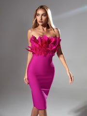 Darby Strapless Feather Bandage Dress In Hot Pink