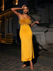 Effy Spaghetti Feather Maxi Dress In Yellow