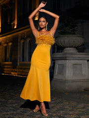 Effy Spaghetti Feather Maxi Dress In Yellow
