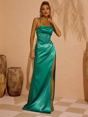 Eleanor Satin Backless Split Maxi Dress In Green