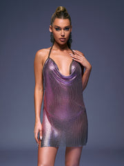 Ellison Halterneck Ombre Chainmail Dress In Purple