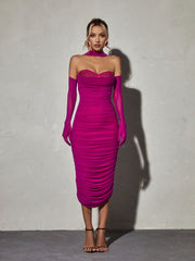 Else Mesh Ruched Split Midi Dress With Gloves