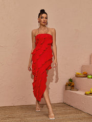 Elsie Strapless Ruffle Dress in Red