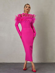 Ember Off Shoulder Feather Bandage Dress