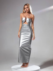 Emer Strapless Leather Maxi Dress In Silver