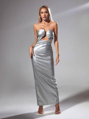 Emer Strapless Leather Maxi Dress In Silver