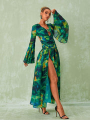 Emilie Long Sleeve Split Printed Dress In Green