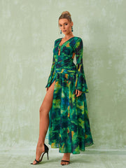 Emilie Long Sleeve Split Printed Dress In Green
