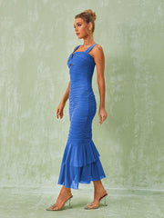 Eri Ruched Mesh Maxi Dress In Blue
