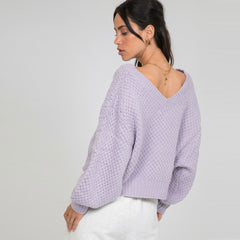 Flattering V Neck Drop Shoulder Bishop Sleeve Sweater - Purple