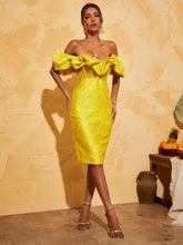 Giselle Jacquard Off Shoulder Midi Dress In Yellow