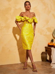 Giselle Jacquard Off Shoulder Midi Dress In Yellow
