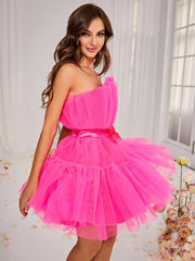 Guinevere Strapless Mesh Mini Dress In Hot Pink