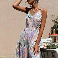 Lavender Floral Print Ruffle Midi Dress