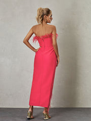 Iyra Strapless Feather Bandage Dress In Hot Pink