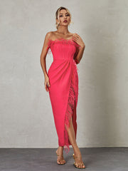 Iyra Strapless Feather Bandage Dress In Hot Pink