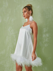 Kamaria Spaghetti Feather Mini Dress In White