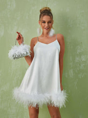 Kamaria Spaghetti Feather Mini Dress In White