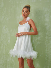 Kamaria Spaghetti Feather Mini Dress In White
