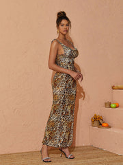 Kyoko Mesh Split Maxi Dress In Leopard