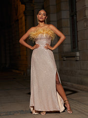 Laurell Strapless Feather Sequin Maxi Dress