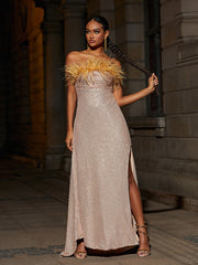 Laurell Strapless Feather Sequin Maxi Dress