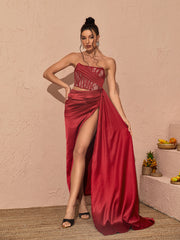 Leif Lace Corset Split Maxi Dress In Red