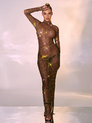 Lennox Long Sleeve Flower Rhinestone Maxi Dress