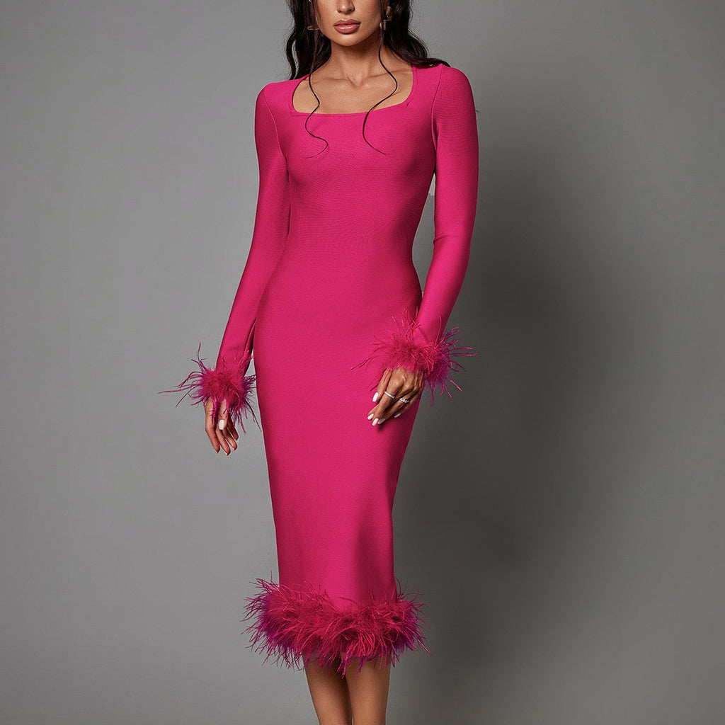 PUFF SLEEVE CRYSTAL FEATHER BANDAGE DRESS