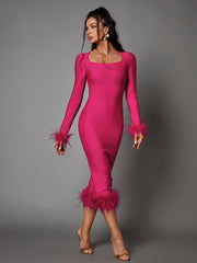 Madeline Long Sleeve Feather Bandage Dress In Hot Pink