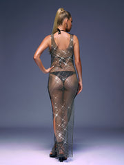 Magdalena Mesh Rhinestone Maxi Dress In Black