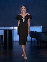 Major Off Shoulder Feather Bandage Dress In Black