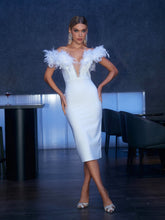 Major Off Shoulder Feather Bandage Dress In White