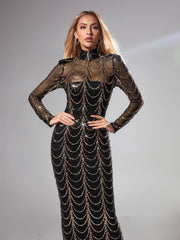 Melisande Long Sleeve Sequin Maxi Dress In Black