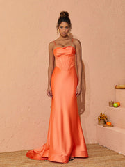 Meris Spaghetti Satin Maxi Dress In Orange
