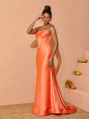 Meris Spaghetti Satin Maxi Dress In Orange