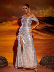Mila Off Shoulder Sequin Split Maxi Dress