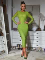 Neriah Long Sleeve Crystal Midi Dress In Green