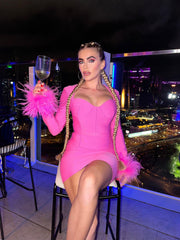 Nixie Long Sleeve Feather Bandage Dress In Hot Pink