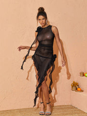 Norine Mesh Flower Midi Dress In Black