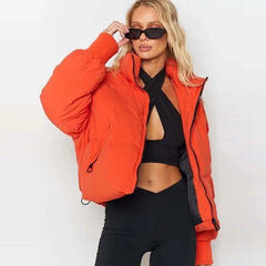 Stand Collar Side Pocket Zip Front Long Sleeve Puffer Jacket - Burnt Orange