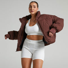 Stand Collar Side Pocket Zip Front Long Sleeve Puffer Jacket - Coffee