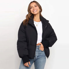Stand Collar Side Pocket Zip Front Long Sleeve Puffer Jacket - Black