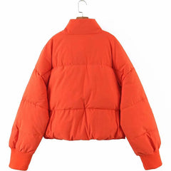 Stand Collar Side Pocket Zip Front Long Sleeve Puffer Jacket - Burnt Orange