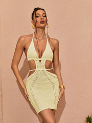 Rosalinda Halterneck Knit Mini Dress In Yellow